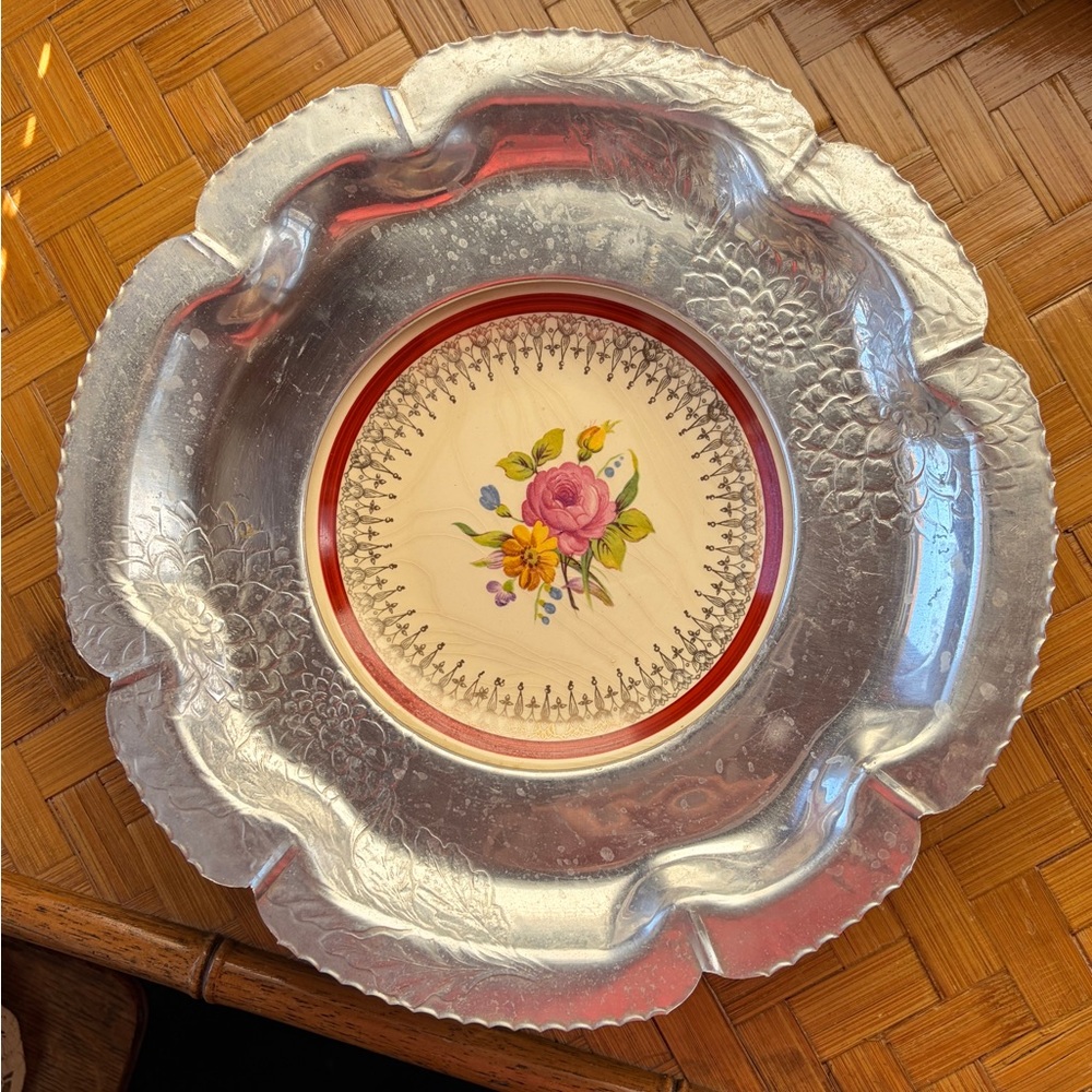 Vintage Farber Hand Wrought Aluminum Tray w/ Inset China Plate